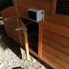 Montage d'un module de fermeture automatique et solaire sur une porte de poulailler en bois.