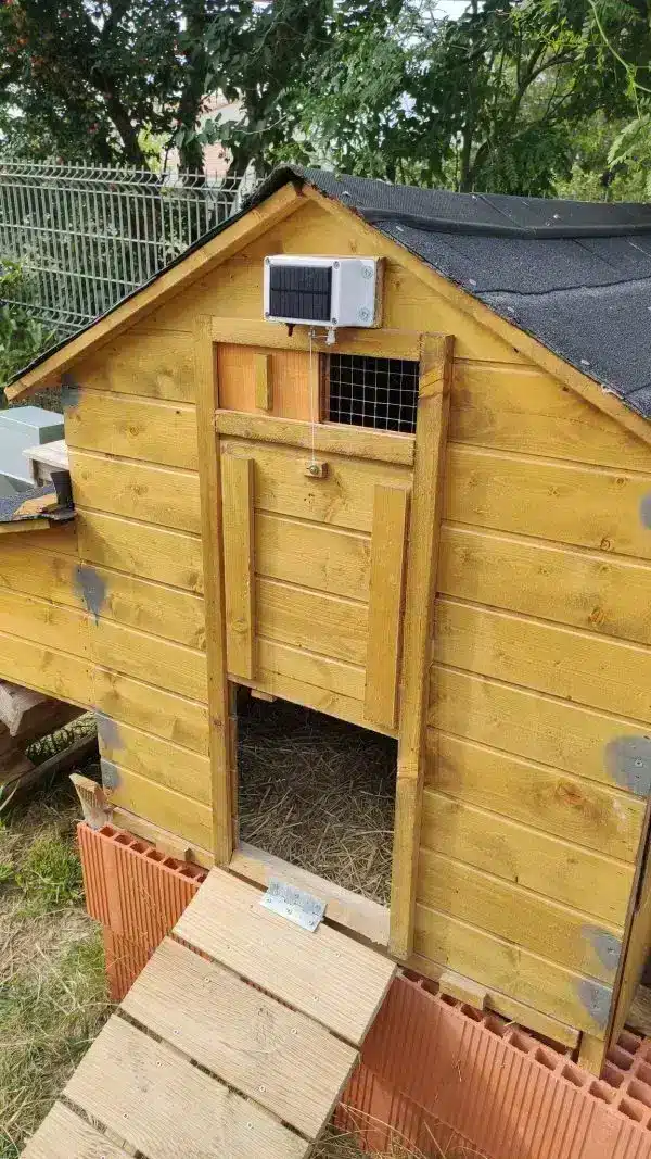 Poulailler en bois du commerce avec un module de fermeture automatique et solaire en mode guillotine.